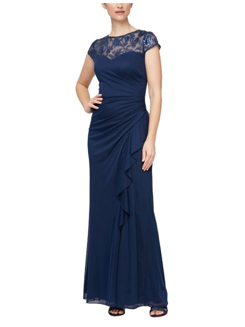 Alex Evening Elegant Blue Lace Cap-Sleeve Evening Gown dress size 6P
